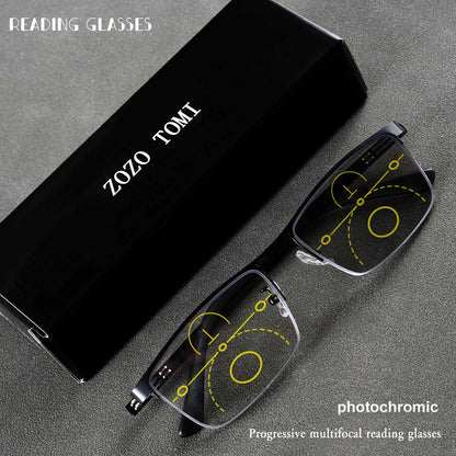 TITANIUM MULTI-FOCUS READING GLASSES PHOTOCHROMIC PROGRESSIVE DOUBLE LIGHT ANTI-BLUE LIGHT