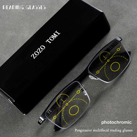TITANIUM MULTI-FOCUS READING GLASSES PHOTOCHROMIC PROGRESSIVE DOUBLE LIGHT ANTI-BLUE LIGHT