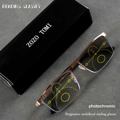 TITANIUM MULTI-FOCUS READING GLASSES PHOTOCHROMIC PROGRESSIVE DOUBLE LIGHT ANTI-BLUE LIGHT