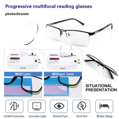 TITANIUM MULTI-FOCUS READING GLASSES PHOTOCHROMIC PROGRESSIVE DOUBLE LIGHT ANTI-BLUE LIGHT